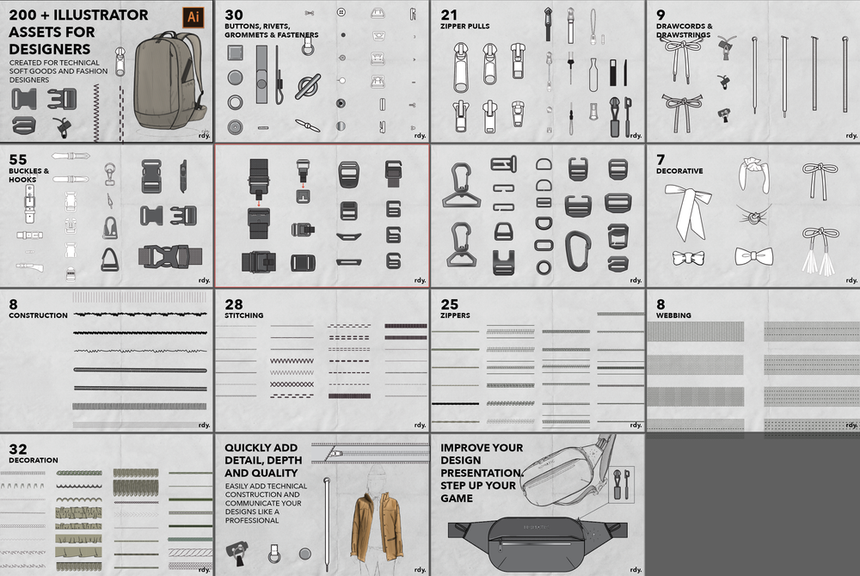 Technical Soft Goods + Fashion Design Adobe Illustrator Bundle - 221 brushes!